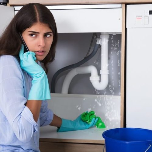 woman-on-phone-while-cleaning-pipe-leak