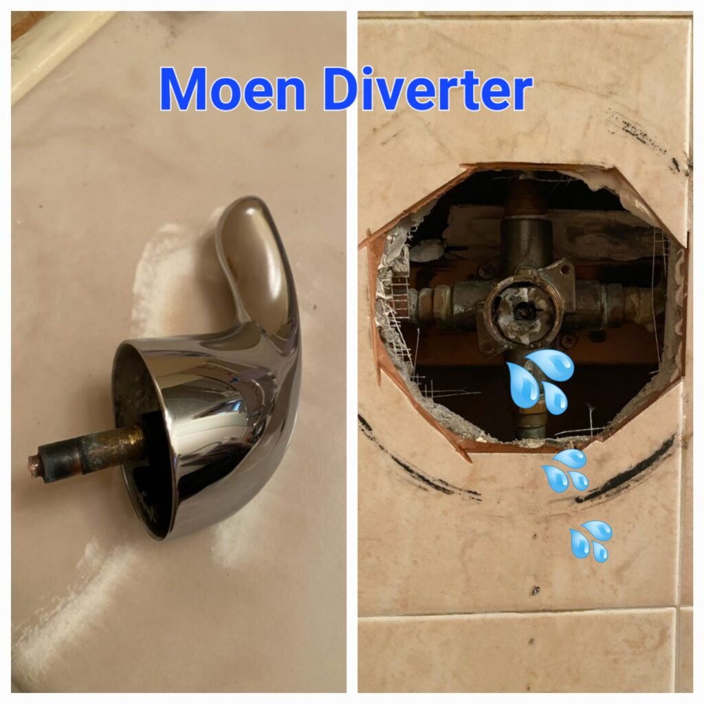 Moen shower diverter handle beside the open tile wall showing the leaking valve, from an emergency call in Ramsey, NJ