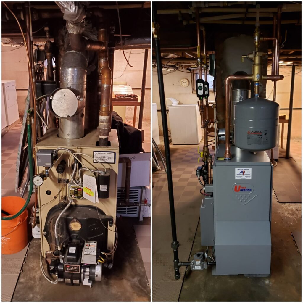 Steam boiler converted to a new hot water boiler by Absolute Precision, before and after