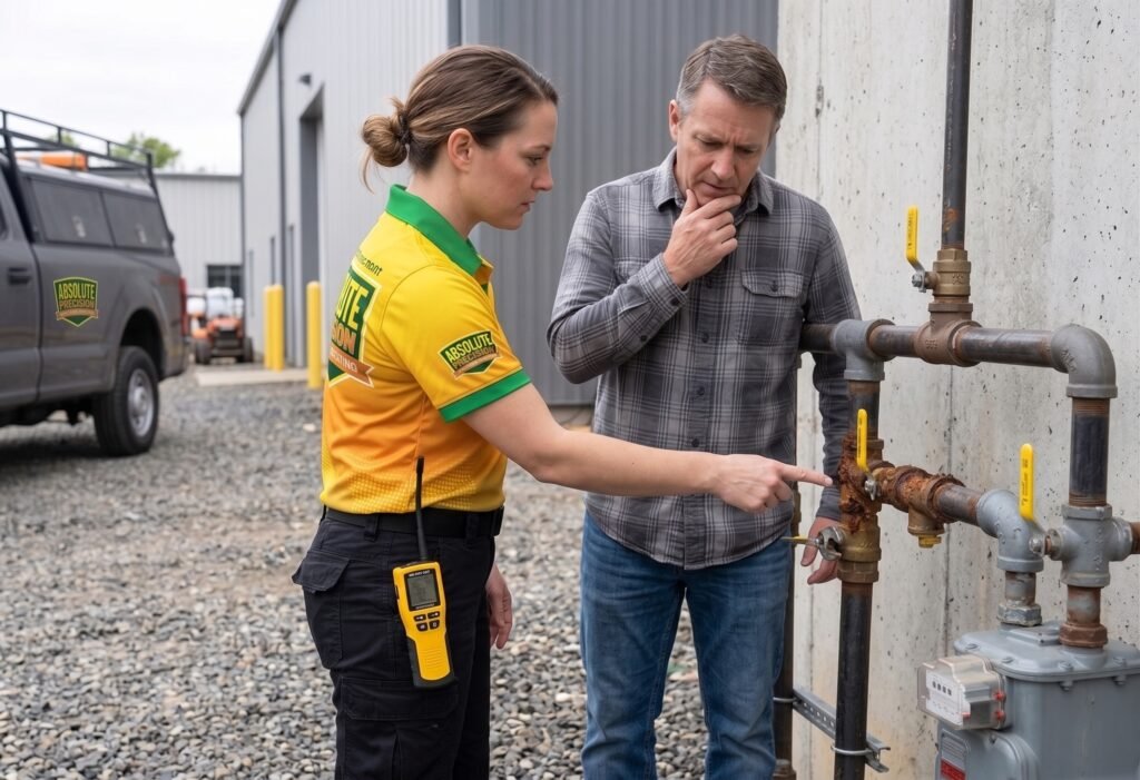 Licensed plumber performing routine gas line maintenance and safety inspection in Saddle Brook NJ