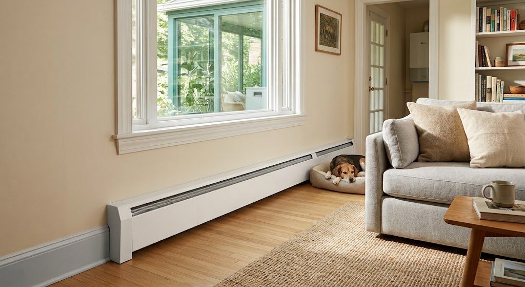 White hot water baseboard heater along the wall of a living room with a window and a sofa