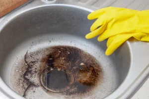 Stainless steel sink basin with dark residue and buildup around the drain.