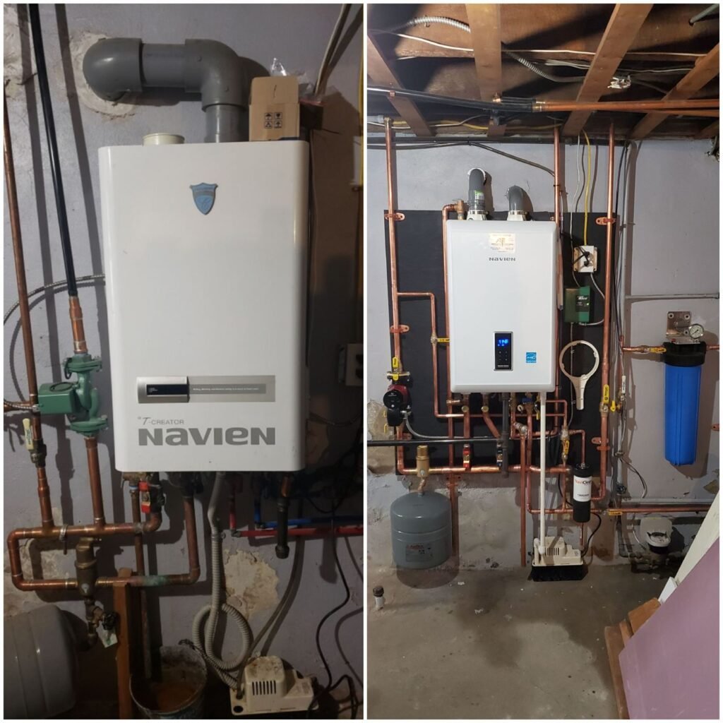 Old and new Navien combi boiler units during a replacement by Absolute Precision Plumbing and Heating in Saddle Brook, NJ