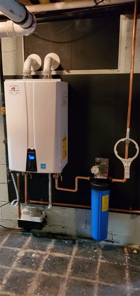 Navien tankless water heater with water filtration installed by Absolute Precision Plumbing and Heating in Fair Lawn, NJ