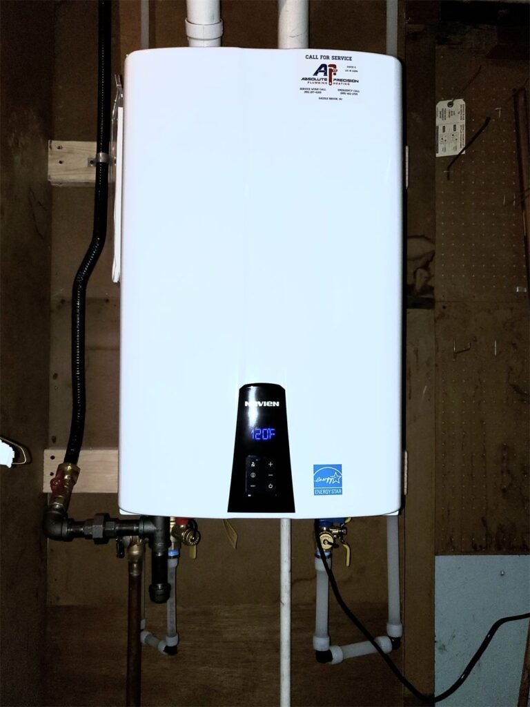 Navien tankless water heater with water filtration installed by Absolute Precision Plumbing and Heating in Rochelle Park, NJ